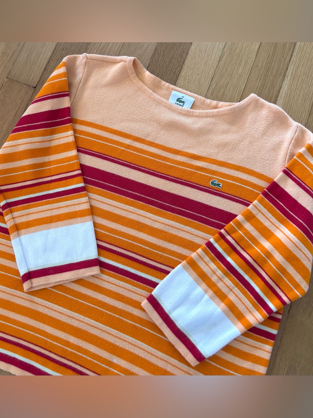 Vintage Y2K Lacoste Striped Sweater Womens 42 Ribbed Knit Cozy Orange Preppy